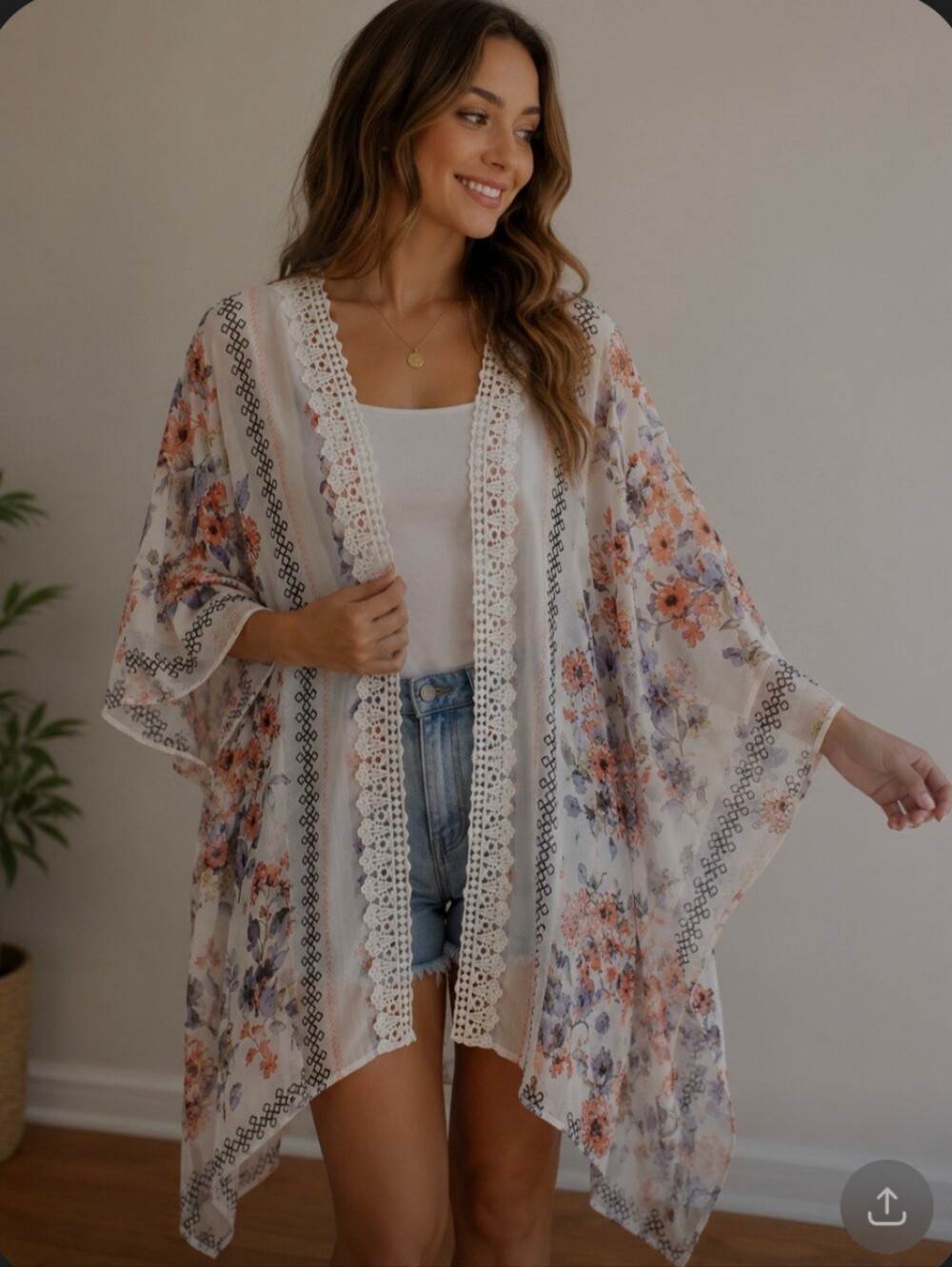 Maurices Cream Floral Open Kimono with Coral & Blue Accents